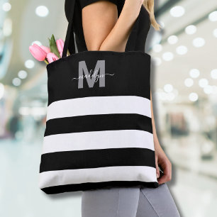Bolso De Tela Rayas Negras Chic Nombre Monogramado