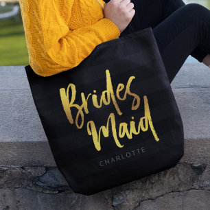 Bolso De Tela Rayas negras Faux Gold Brush Script Bridesmaid