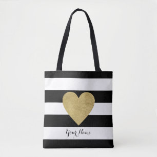 Bolso De Tela Rayas negras y blancas con el corazón del Relieve