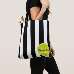 Bolso De Tela Rayas Negras y Blancas con Monograma Verde Lima