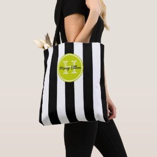 Bolso De Tela Rayas Negras y Blancas con Monograma Verde Lima
