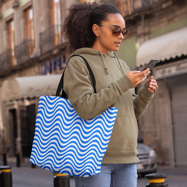 Bolso De Tela Rayas onduladas blancas azules Hipnóticas psicodél (Blue White Wavy Stripes Psychedelic Hypnotic Tote Bag, large tote bag, shopping bag, pattern)