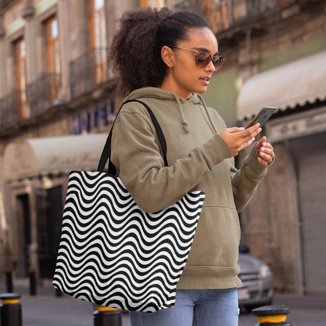 Bolso De Tela Rayas onduladas blancas negras Hipnóticas psicodél (Black White Wavy Stripes Psychedelic Hypnotic Tote Bag, large tote bag, shopping bag, pattern)