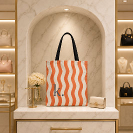 Bolso De Tela Rayas onduladas naranjas elegantes con tu monogram