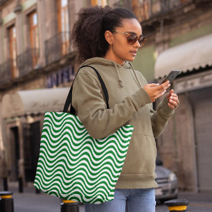 Bolso De Tela Rayas onduladas verdes y blancas hipnóticas psicod