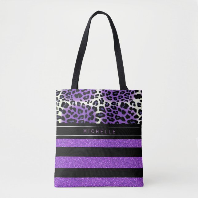 Bolso De Tela Rayas Purpurinas moradas de leopardo y morado negr (Anverso)