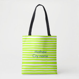 Bolso De Tela Rayas retro verde amarillo neón añaden nombre ciud
