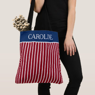 Bolso De Tela Rayas Rojas y Blancas Personalizadas con Azul Mari