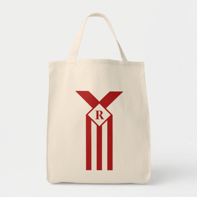 Bolso De Tela Rayas rojas y cheurones con monograma sobre blanco (Frente)