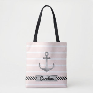 Bolso De Tela Rayas rosadas geniales Ancla acuarela Personalizad