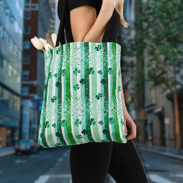 Bolso De Tela Rayas Verdes Blancas Clásicas con Tréboles Vertica