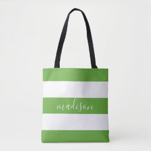 Bolso De Tela Rayas verdes y blancas limón con tipografía de nom