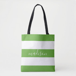 Bolso De Tela Rayas verdes y blancas limón con tipografía de nom
