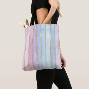 Bolso De Tela Rayas verticales de acuarela azules púrpuras rosas