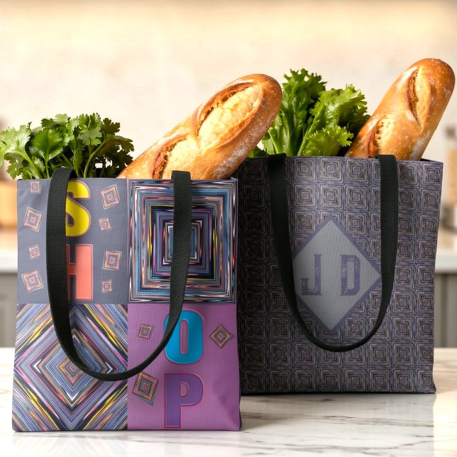 Bolso De Tela Rayas y Diamantes Monograma Colorido (Shopping but make it wacky. Bright illustrated patterns, bold colors, and your initials. )