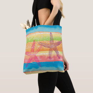 Bolso De Tela Rayas y Estrellas de Mar Coloridas Acuarela