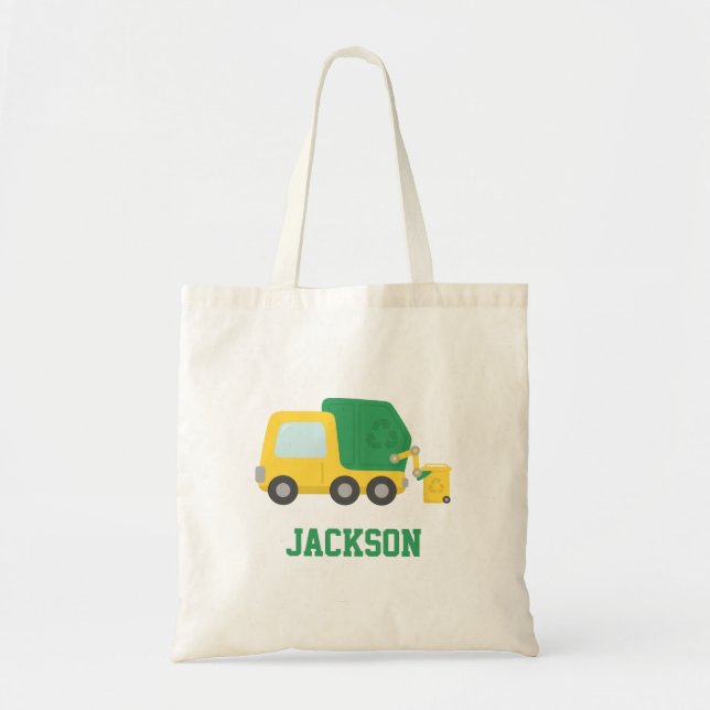 Bolso De Tela Reciclando camiones de basura amarilla y verde (Frente)