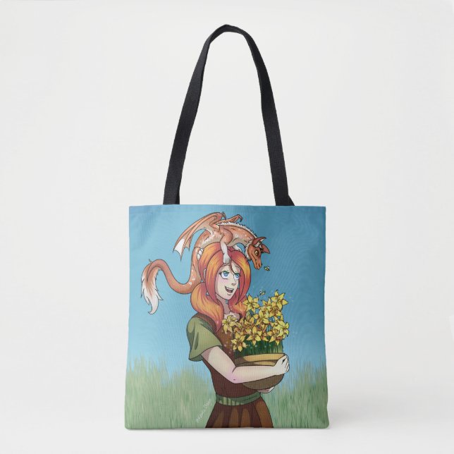 Bolso De Tela Recogiendo Flores con un Dragón (Anverso)