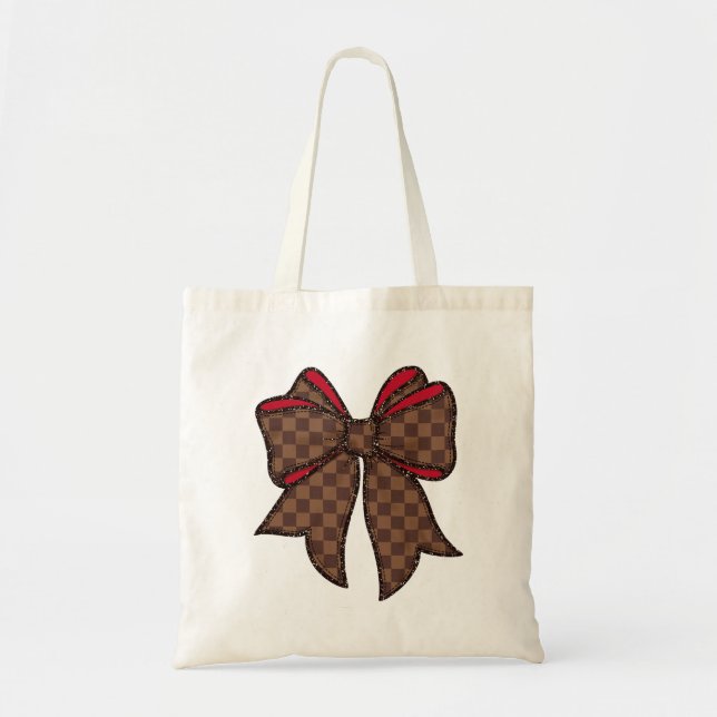 Bolso De Tela Red + Brown Checkered + Faux Glitter Bow (Frente)