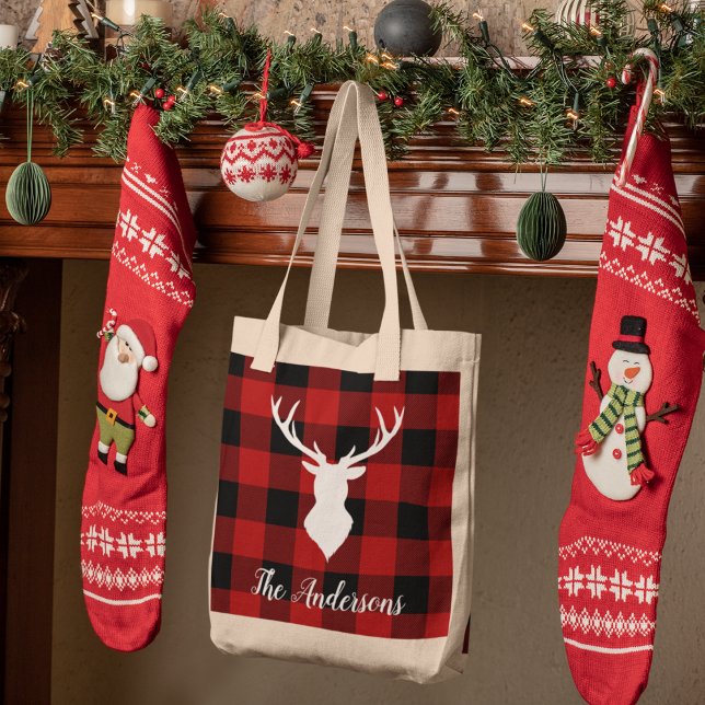 Bolso De Tela Red Buffalo Plaid & Deer | Personal Name Gift (Subido por el creador)