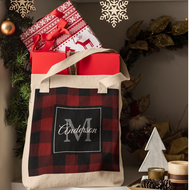 Bolso De Tela Red Buffalo Plaid | Personal Inicial | Tote de reg (Subido por el creador)