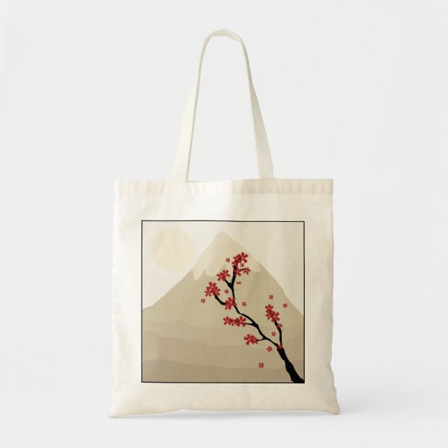 Bolso De Tela Red Cherry Blossoms Mount Fuji Japan Illustration (Frente)