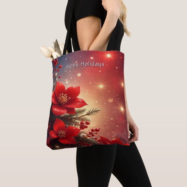 Bolso De Tela Red Christmas Floral Holiday Tote Bag (Detalle)