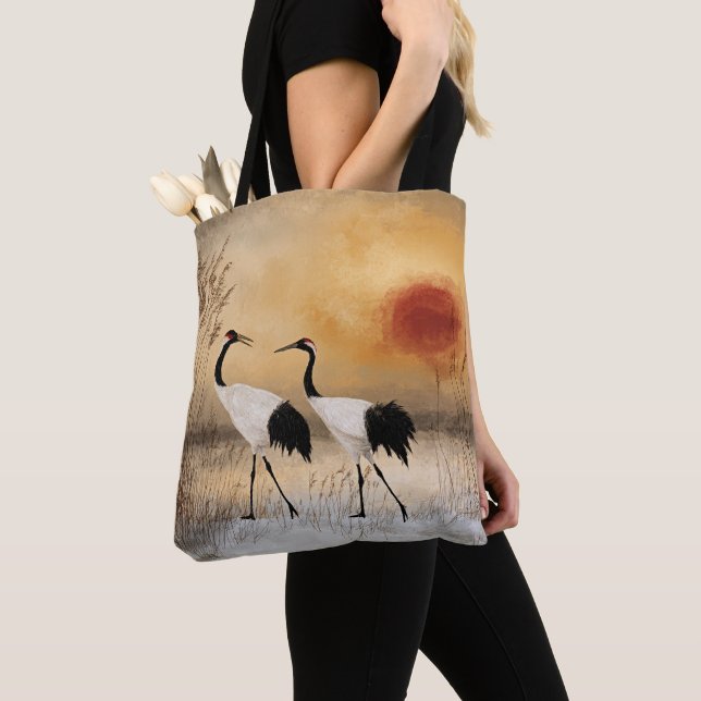Bolso De Tela Red crowned cranes, watercolor artwork, (Detalle)