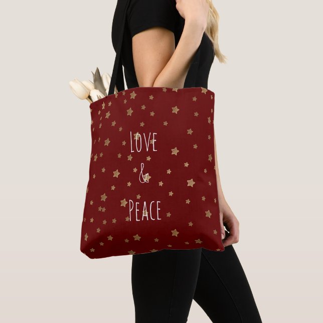 Bolso De Tela Red Gold Stars Love and Peace (Detalle)