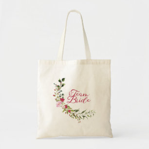 Bolso De Tela Red & Pink Floral Team Bride Quote with Leaves