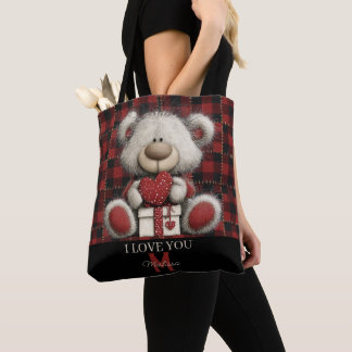 Bolso De Tela Red Plaid Bear I Love You Custom Name Monogram