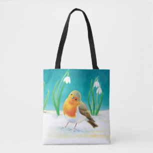 Bolso De Tela Red Robin (Erithacus rubecula) y White Snowdrop