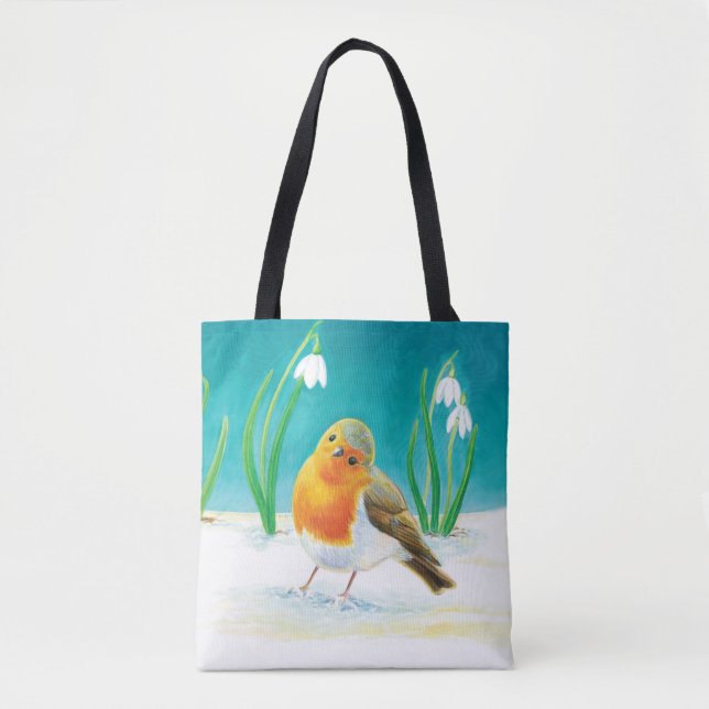Bolso De Tela Red Robin (Erithacus rubecula) y White Snowdrop (Anverso)
