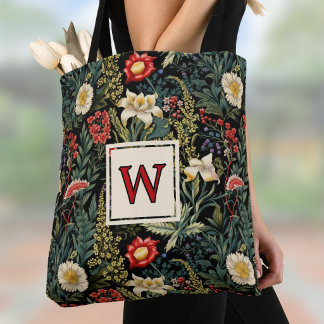Bolso De Tela Red White Green Lilies Dahlias Floral Monogram