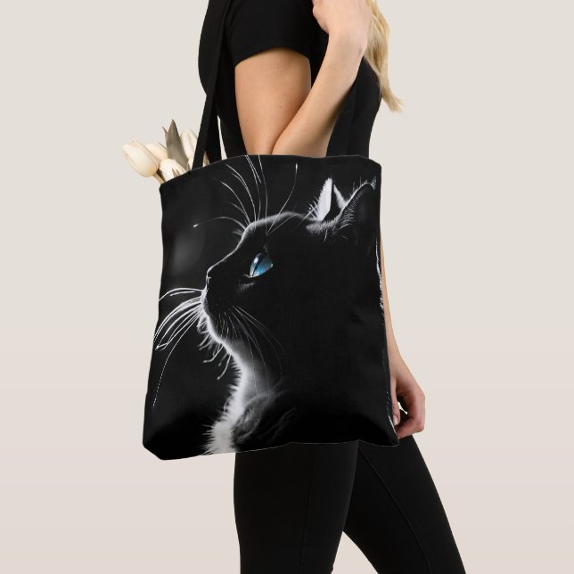 Bolso De Tela Reflejo De Gato Negro Brillante Con Ojo Azul (Detalle)