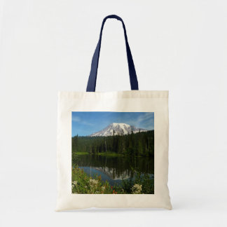 Bolso De Tela Reflejo del lago del Monte Rainier con flores silv