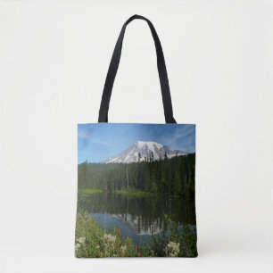 Bolso De Tela Reflejo del lago del Monte Rainier con flores silv