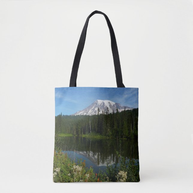 Bolso De Tela Reflejo del lago del Monte Rainier con flores silv (Anverso)