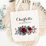 Bolso De Tela Regalo de Boda de la dama de honor floral borgoña<br><div class="desc">Entrega estas bolsas de bonito a tus damas de honor. Hace grandes regalos / regalos de agradecimiento. Buqué acuarela florido en rosa rubor,  burdeos,  marsala,  merlot,  vino,  azul y verde. Fácil de editar,  añadir nombre - las letras en negro se pueden cambiar a cualquier color.</div>