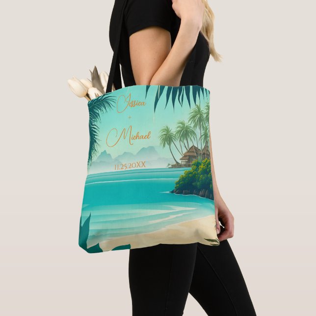Bolso De Tela Regalo de Boda Tropical Beach Destination Newlywed (Detalle)