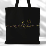 Bolso De Tela Regalo de Dama de Honor con Letra Dorada y Negra<br><div class="desc">Bolsa Tote Regalo de Dama de Honor con Letra Dorada y Negra. Personaliza este diseño personalizado con tu propio nombre y colores personalizados.</div>