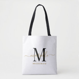 Bolso De Tela Regalo de dama de honor Oro Negro Monograma Blanco