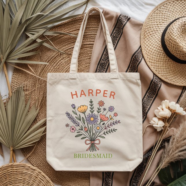 Bolso De Tela Regalo Floral Boho Personalizado para Fiesta de De (Custom Boho Floral Tote Bag Gift for Bridesmaid, Custom Bridesmaid Tote Bag Gift for Bridal Party)