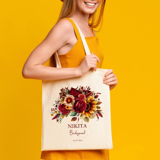 Bolso De Tela Regalos de dama de honor rosas burdeos girasoles (Bridesmaid gifts burgundy roses sunflowers personalized tote bag)