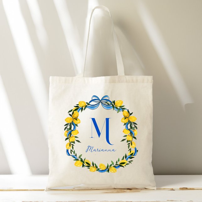 Bolso De Tela Regalos personalizados para damas de honor con lim (Lemons blue bow ribbon personalized bridesmaids gifts monogrammed tote bag)
