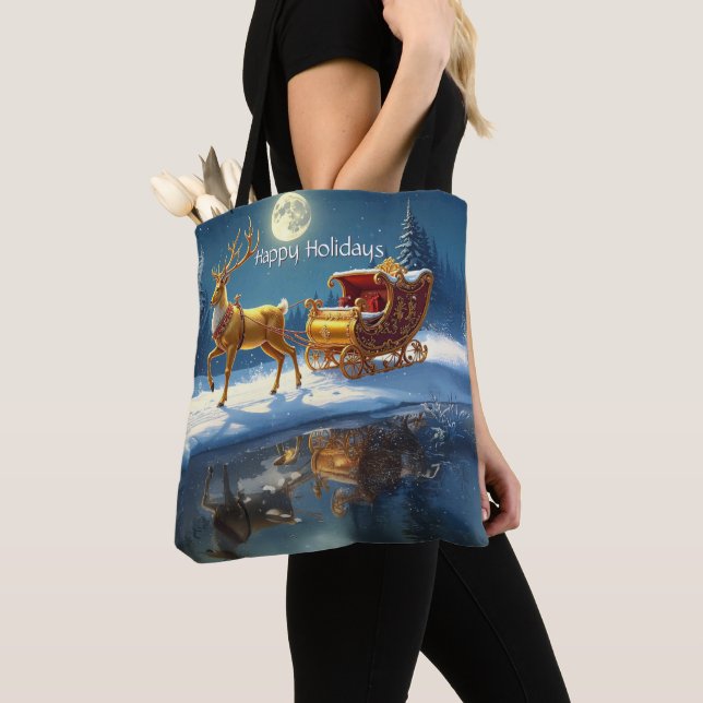 Bolso De Tela Reindeer Christmas Sleigh Holiday Tote Bag (Detalle)