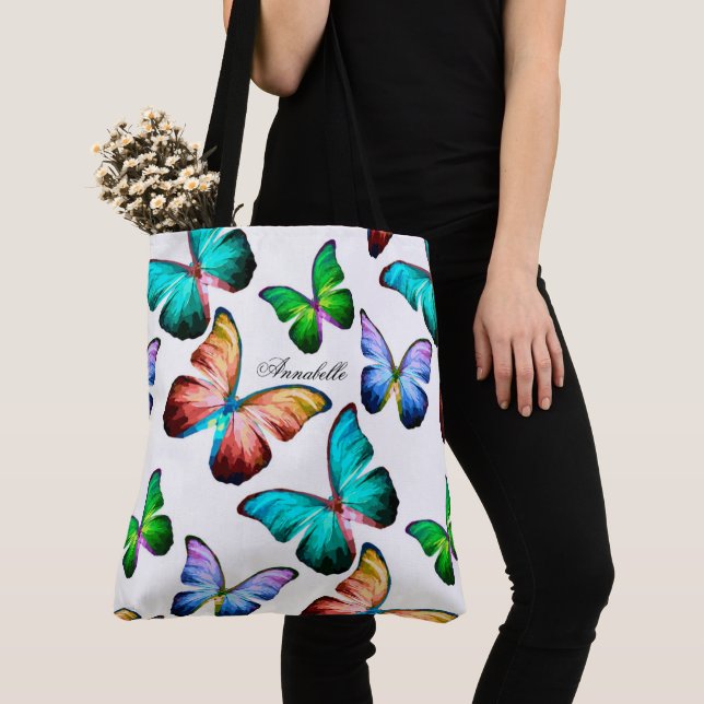 Bolso De Tela Reino de Morpho Arcoiris Mariposas Azules (Detalle)