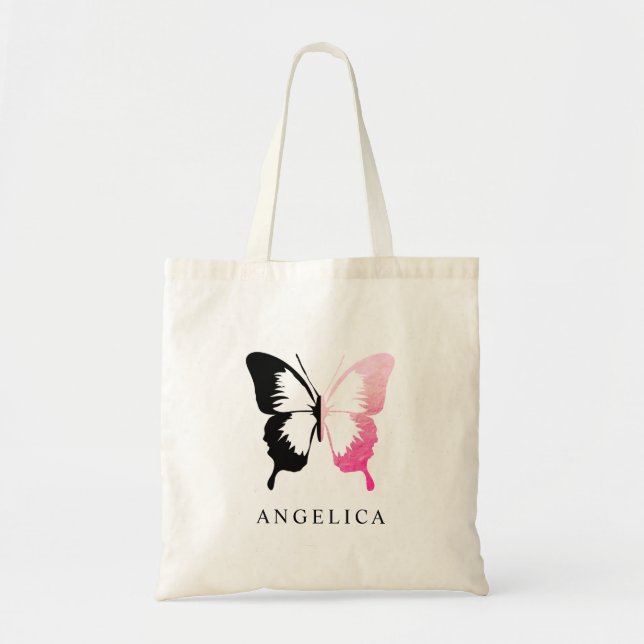 Bolso De Tela Relieve metalizado Rosa falso y mariposa negra (Frente)