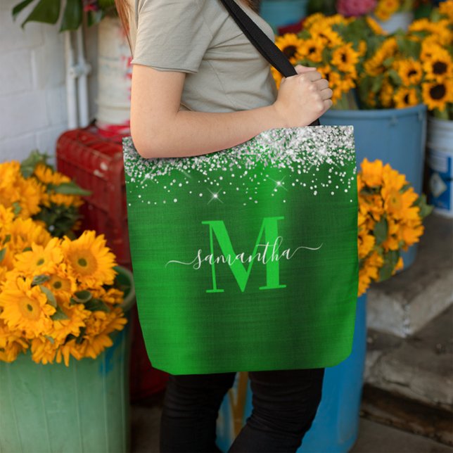 Bolso De Tela Relieve metalizado verde monograma Purpurina plate (Signature Monogram Silver Glitter Green Foil Tote Bag)