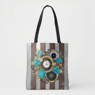 Bolso De Tela Reloj de vapor y Rosas turquesa a rayas